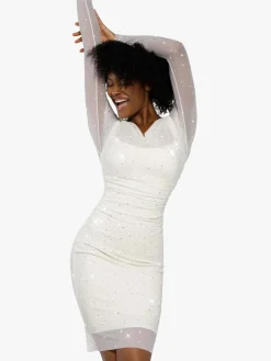 Shapewear Heat-Set Crystal Mesh Long Sleeve Slim Mini Dress