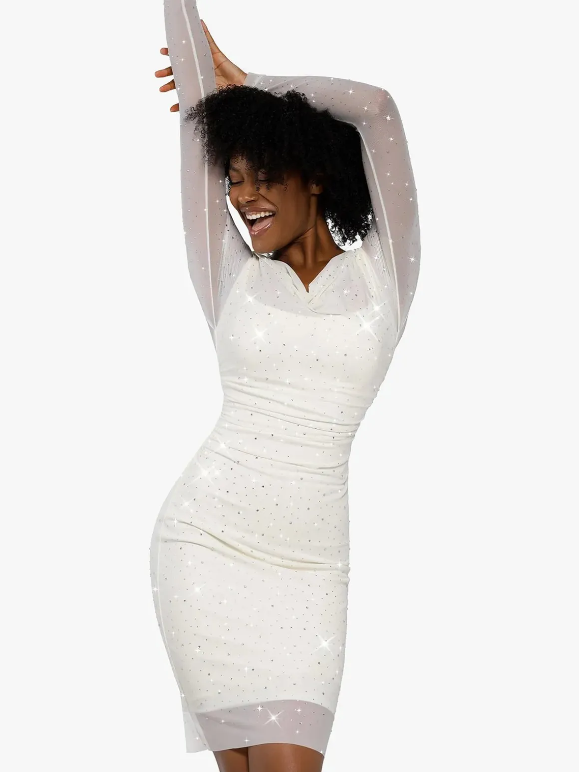 Shapewear Heat-Set Crystal Mesh Long Sleeve Slim Mini Dress