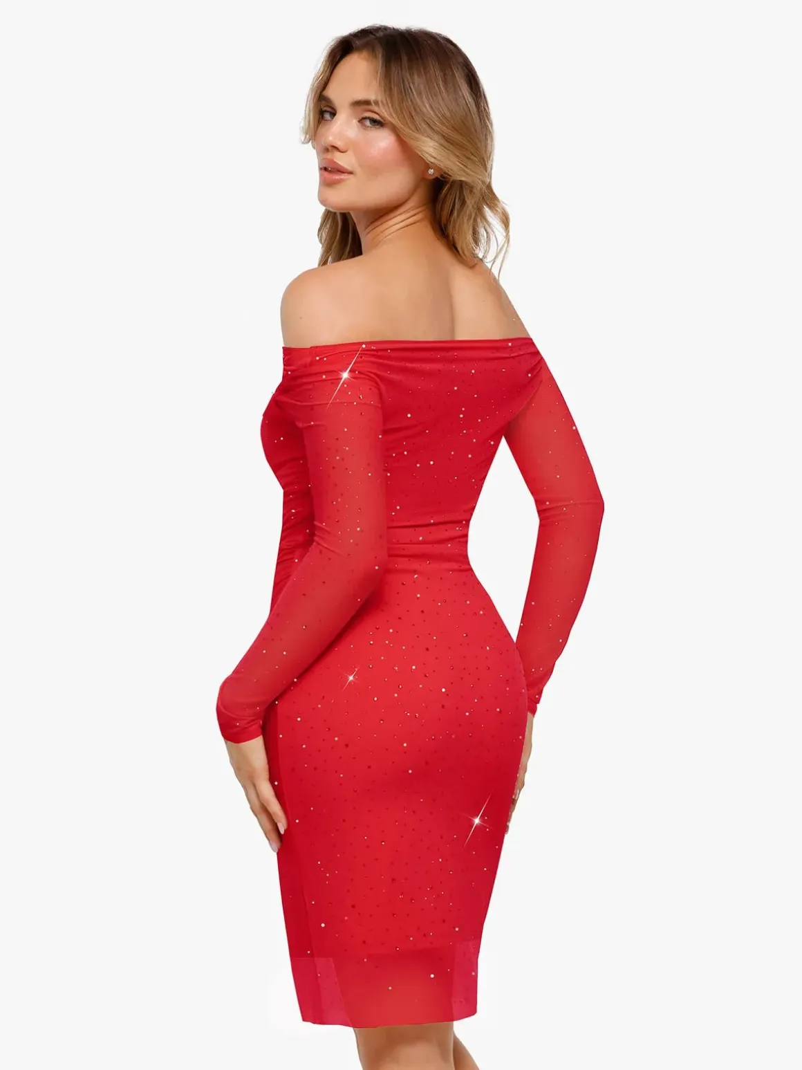 Shapewear Heat-Set Crystal Mesh Long Sleeve Slim Mini Dress