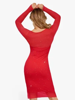 Shapewear Heat-Set Crystal Mesh Long Sleeve Slim Mini Dress