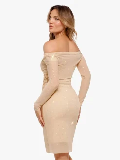 Shapewear Heat-Set Crystal Mesh Long Sleeve Slim Mini Dress