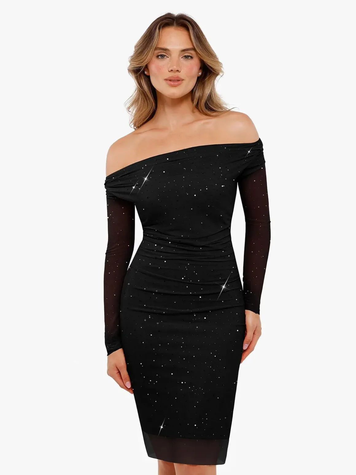 Shapewear Heat-Set Crystal Mesh Long Sleeve Slim Mini Dress