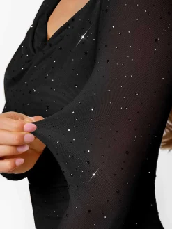 Shapewear Heat-Set Crystal Mesh Long Sleeve Slim Mini Dress