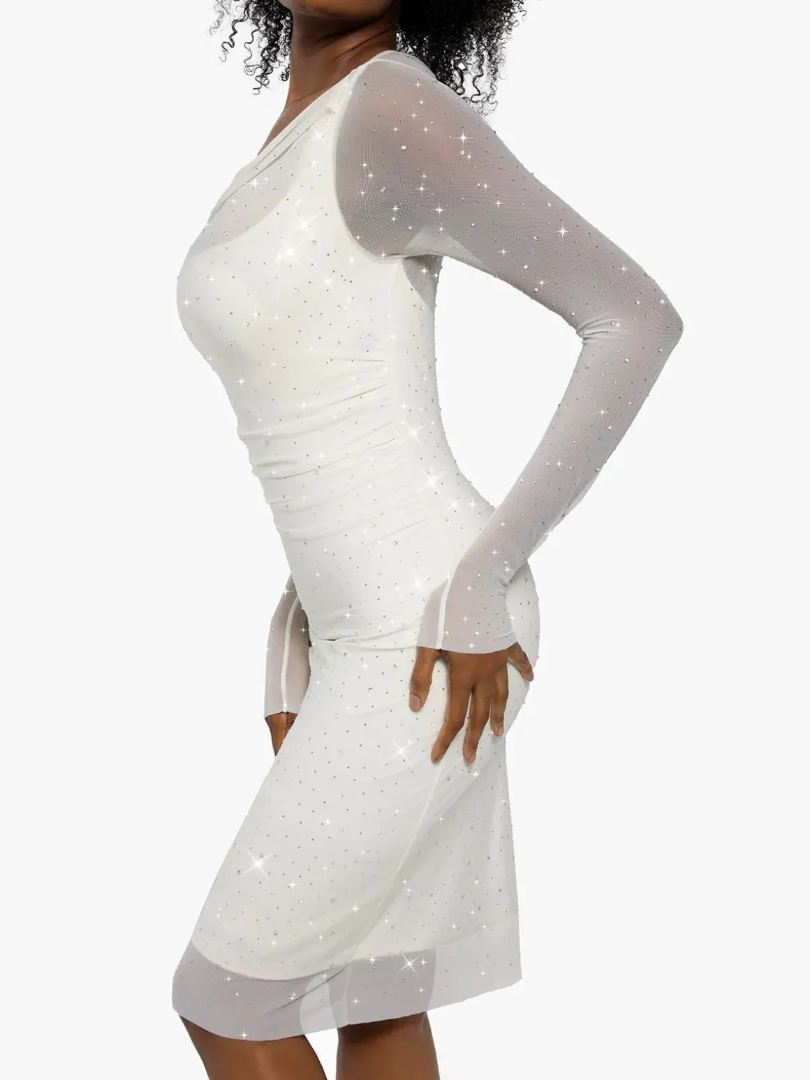 Shapewear Heat-Set Crystal Mesh Long Sleeve Slim Mini Dress