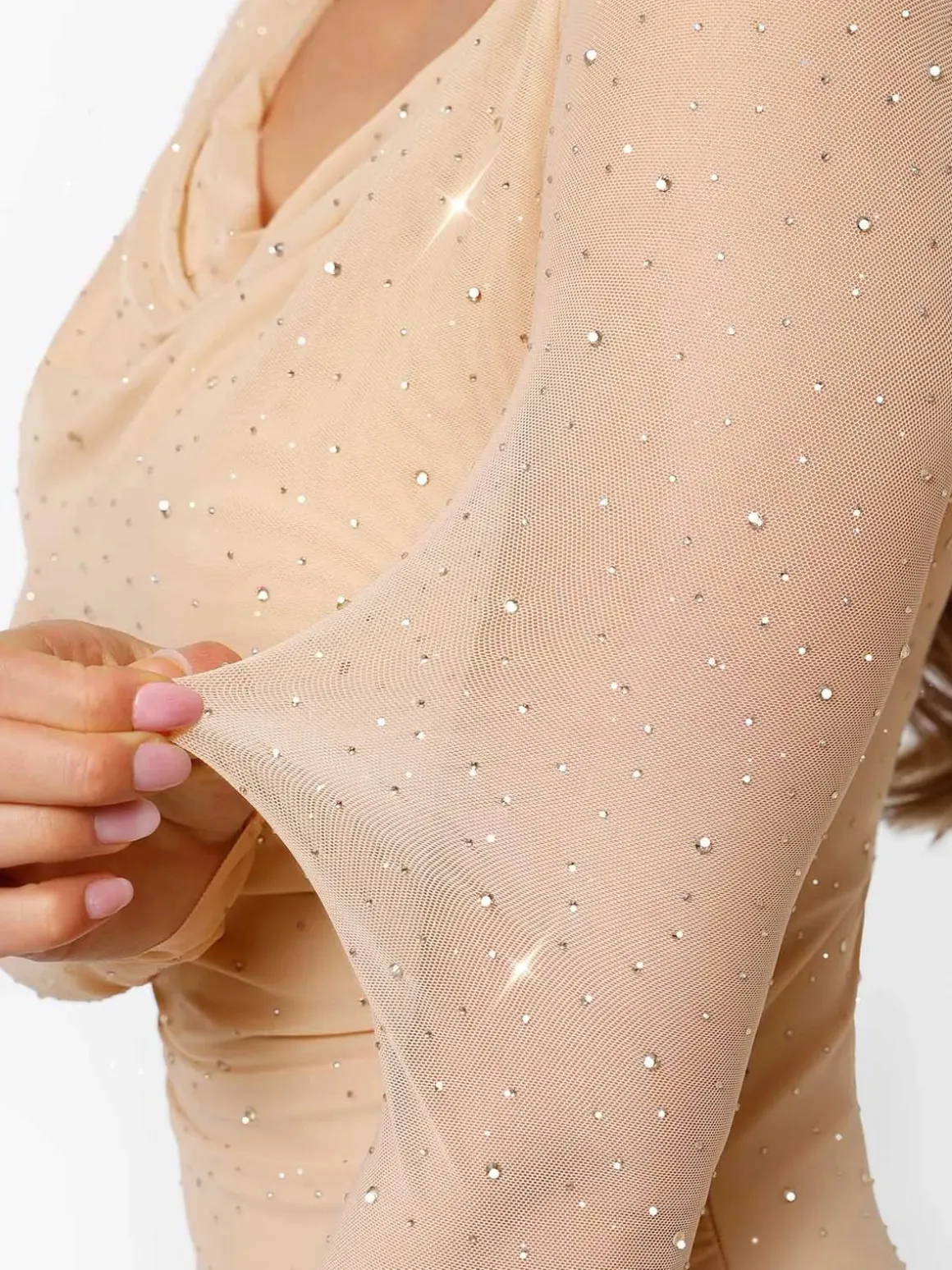 Shapewear Heat-Set Crystal Mesh Long Sleeve Slim Mini Dress