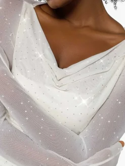 Shapewear Heat-Set Crystal Mesh Long Sleeve Slim Mini Dress