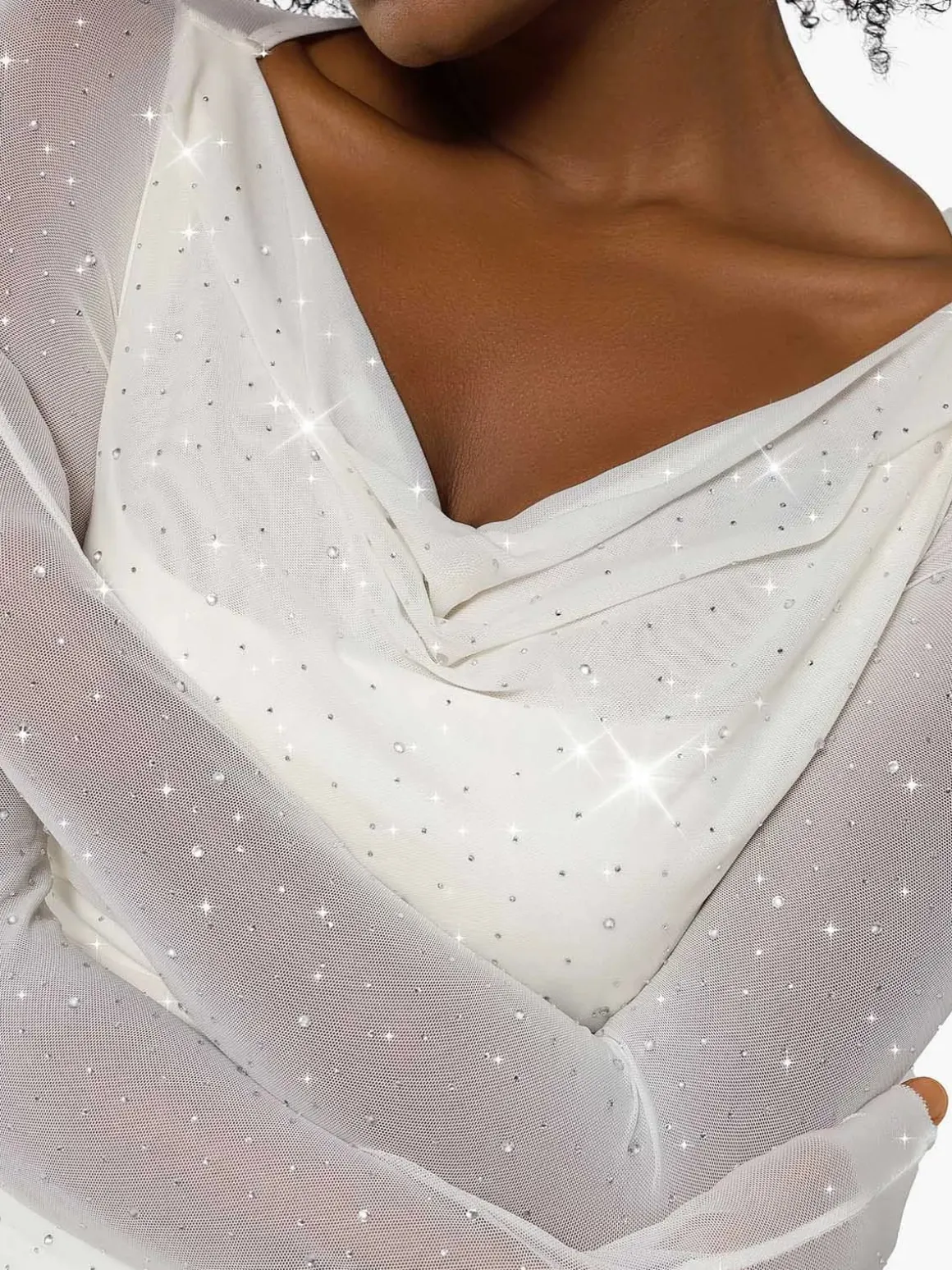 Shapewear Heat-Set Crystal Mesh Long Sleeve Slim Mini Dress