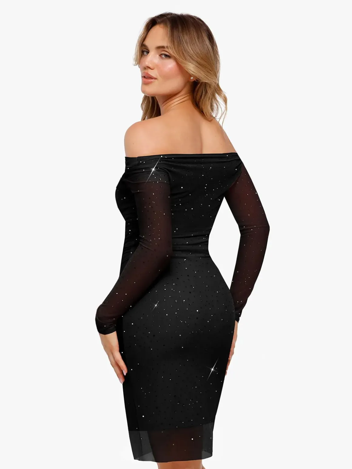 Shapewear Heat-Set Crystal Mesh Long Sleeve Slim Mini Dress