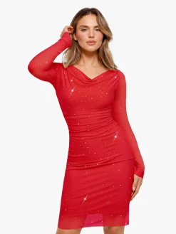 Shapewear Heat-Set Crystal Mesh Long Sleeve Slim Mini Dress