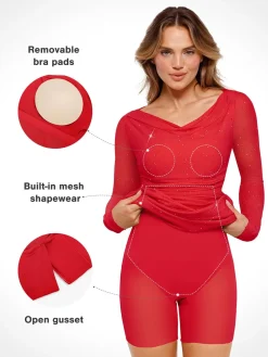 Shapewear Heat-Set Crystal Mesh Long Sleeve Slim Mini Dress