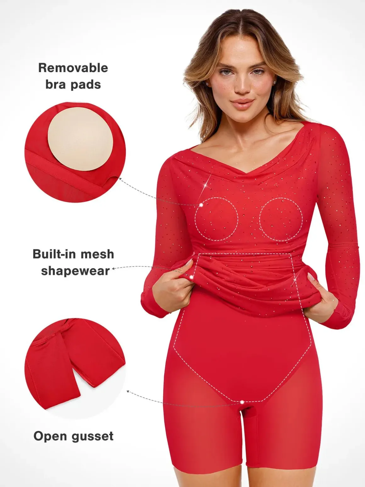 Shapewear Heat-Set Crystal Mesh Long Sleeve Slim Mini Dress