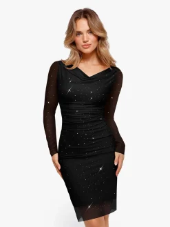 Shapewear Heat-Set Crystal Mesh Long Sleeve Slim Mini Dress