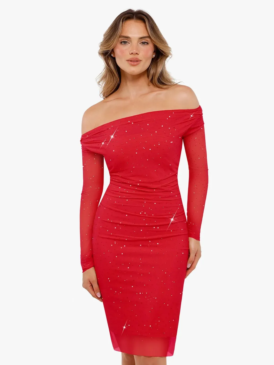 Shapewear Heat-Set Crystal Mesh Long Sleeve Slim Mini Dress