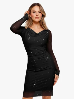Shapewear Heat-Set Crystal Mesh Long Sleeve Slim Mini Dress