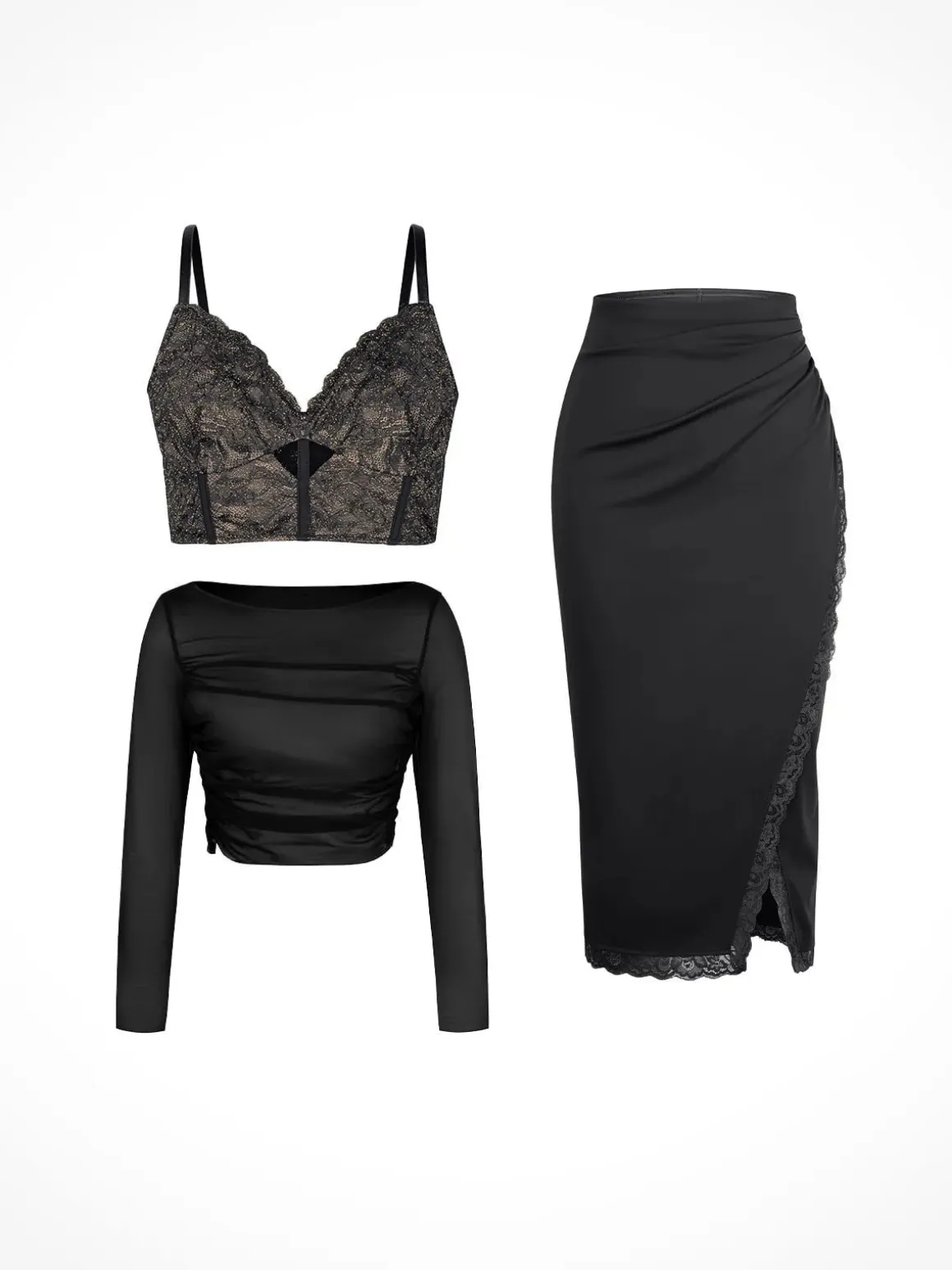 Shapewear Lace Corset Top Split Skirt Mesh Cover-Up Set