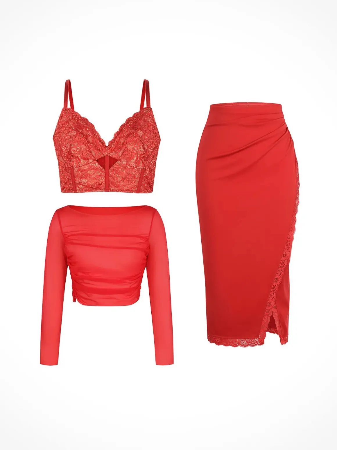 Shapewear Lace Corset Top Split Skirt Mesh Cover-Up Set