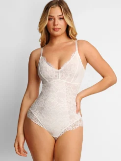 Shapewear Lace Deep-V Neck Bodysuits or Faux Leather Skirts