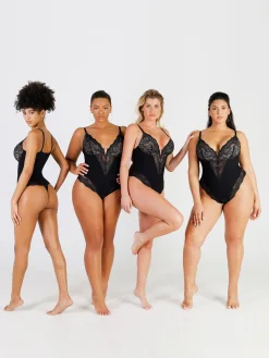 Shapewear Lace Deep-V Neck Bodysuits or Faux Leather Skirts