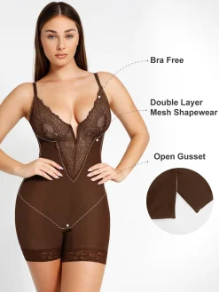 Shapewear Lace Deep-V Neck Bodysuits or Faux Leather Skirts