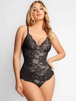 Shapewear Lace Deep-V Neck Bodysuits or Faux Leather Skirts