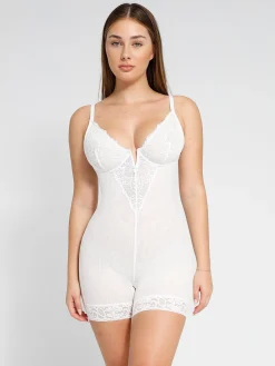 Shapewear Lace Deep-V Neck Bodysuits or Faux Leather Skirts