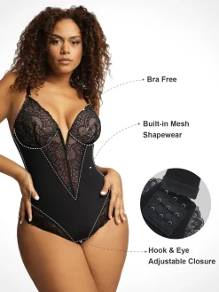 Shapewear Lace Deep-V Neck Bodysuits or Faux Leather Skirts