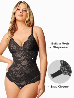 Shapewear Lace Deep-V Neck Bodysuits or Faux Leather Skirts