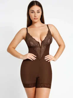 Shapewear Lace Deep-V Neck Bodysuits or Faux Leather Skirts