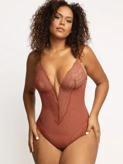 Shapewear Lace Deep-V Neck Bodysuits or Faux Leather Skirts