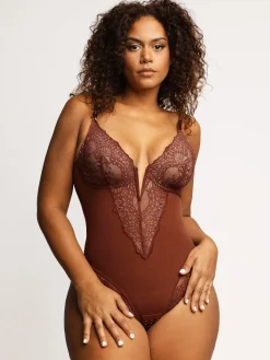 Shapewear Lace Deep-V Neck Bodysuits or Faux Leather Skirts