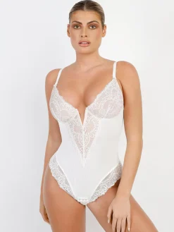 Shapewear Lace Deep-V Neck Bodysuits or Faux Leather Skirts