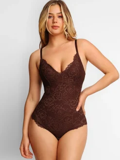 Shapewear Lace Deep-V Neck Bodysuits or Faux Leather Skirts