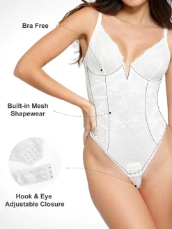 Shapewear Lace Deep V-Neck Low Back Hourglass Thong Bodysuit