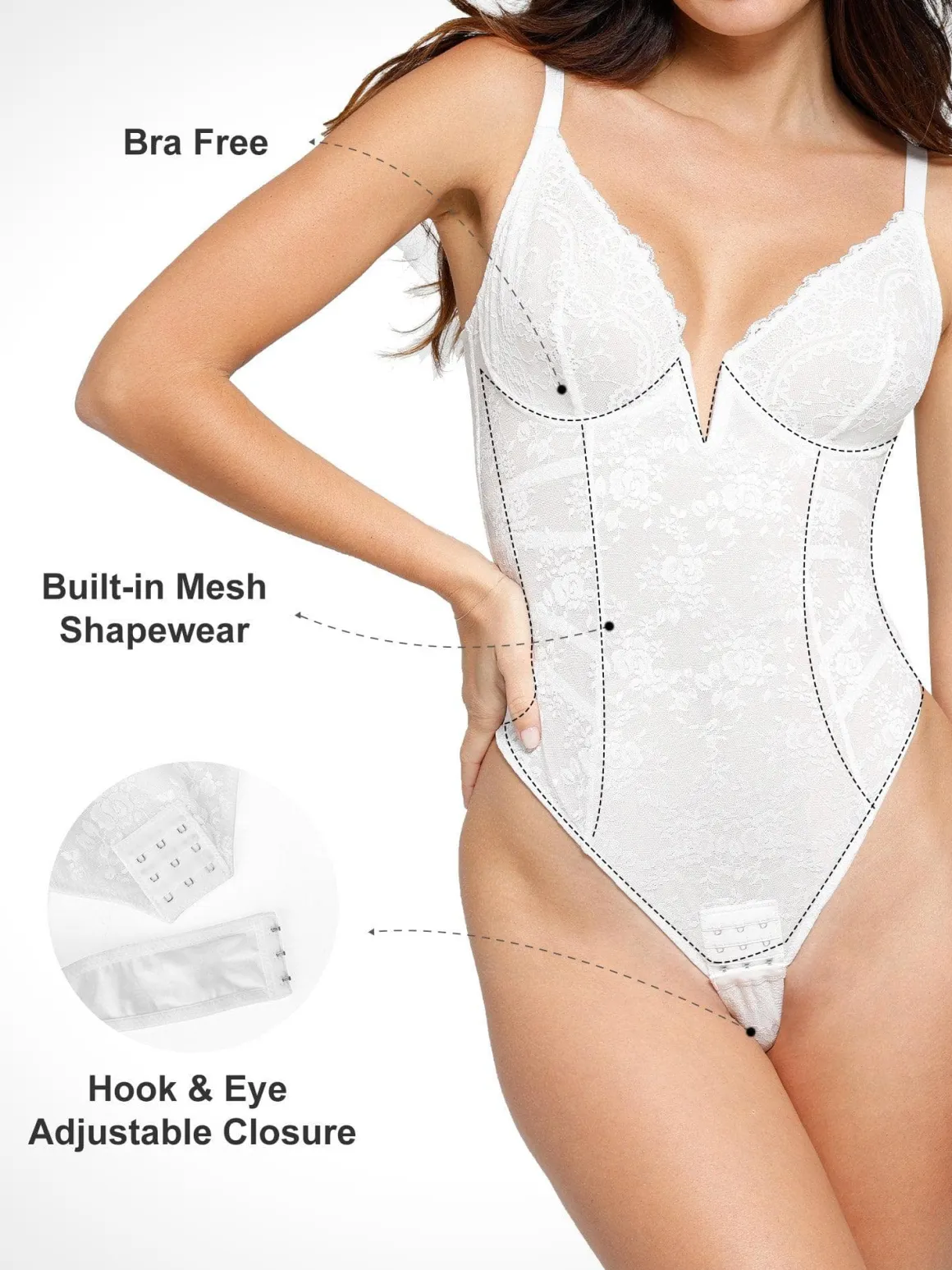 Shapewear Lace Deep V-Neck Low Back Hourglass Thong Bodysuit