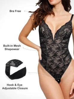 Shapewear Lace Deep V-Neck Low Back Hourglass Thong Bodysuit