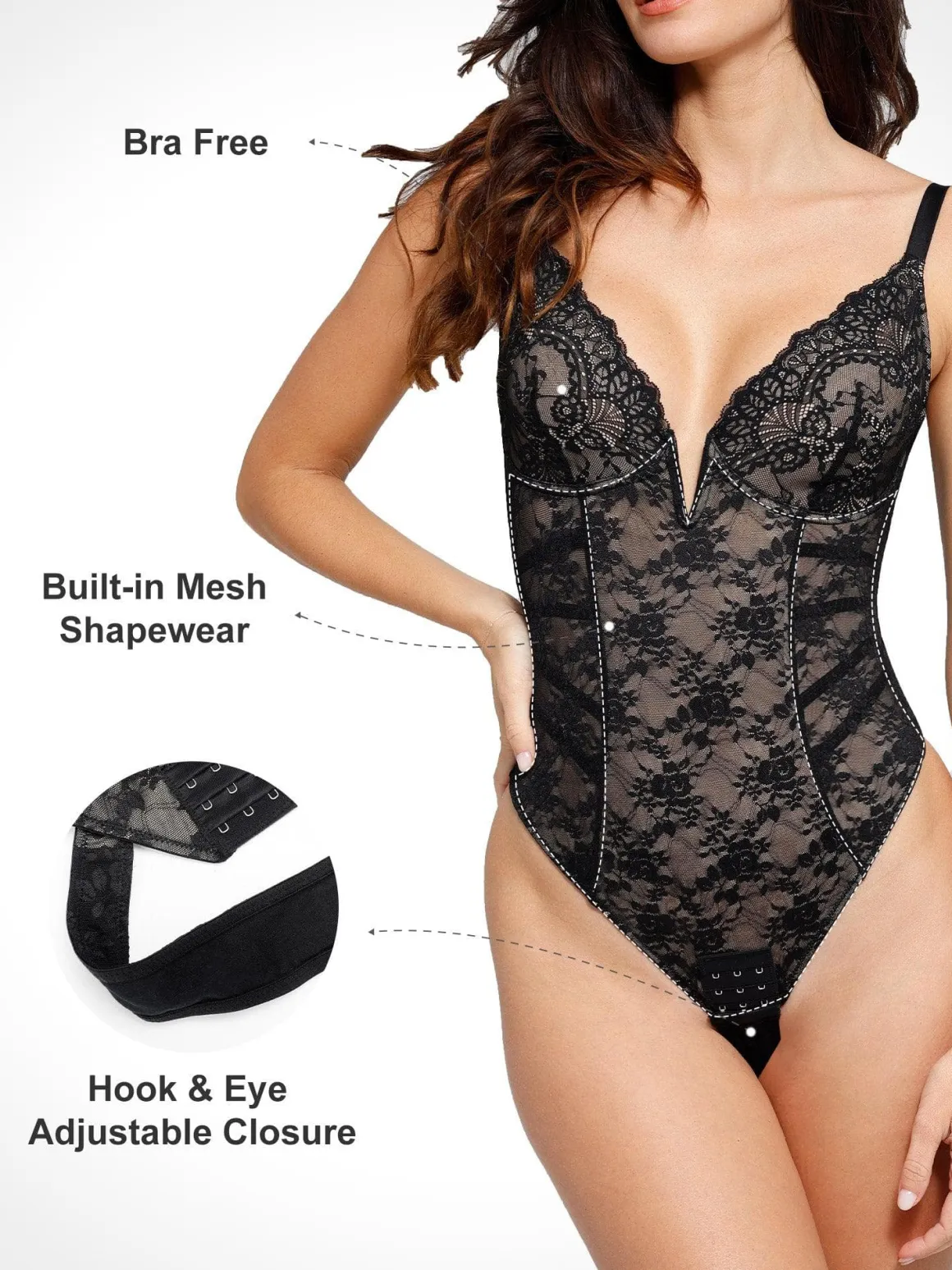 Shapewear Lace Deep V-Neck Low Back Hourglass Thong Bodysuit