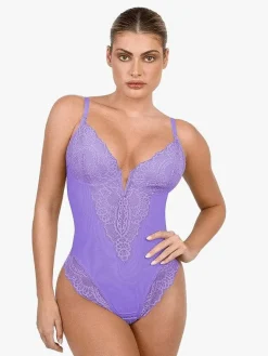Shapewear Lace Deep V-Neck Sculpting Thong Bodysuit