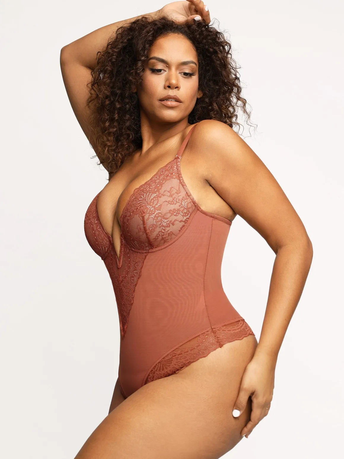 Shapewear Lace Deep V-Neck Sculpting Thong Bodysuit