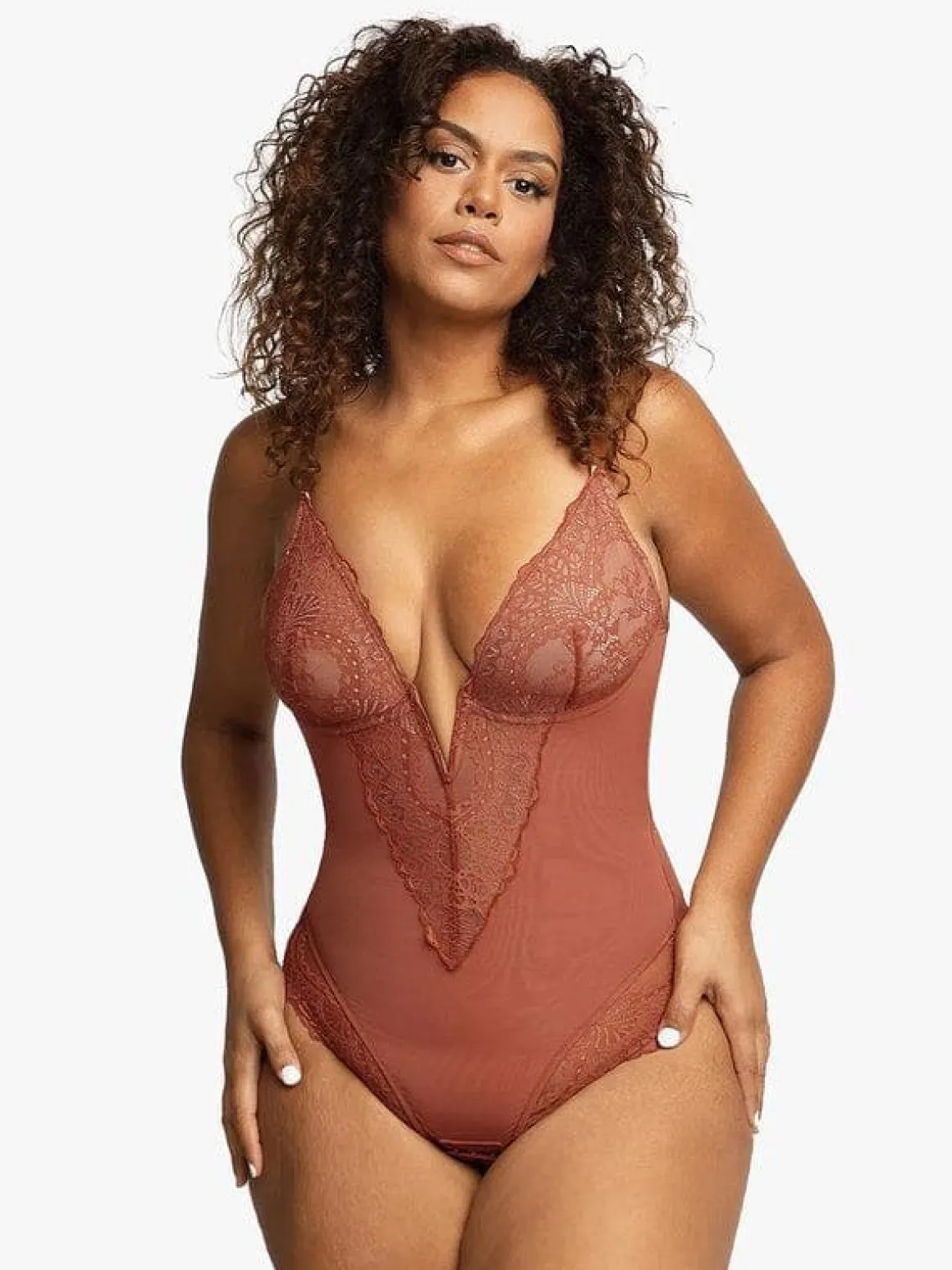 Shapewear Lace Deep V-Neck Sculpting Thong Bodysuit