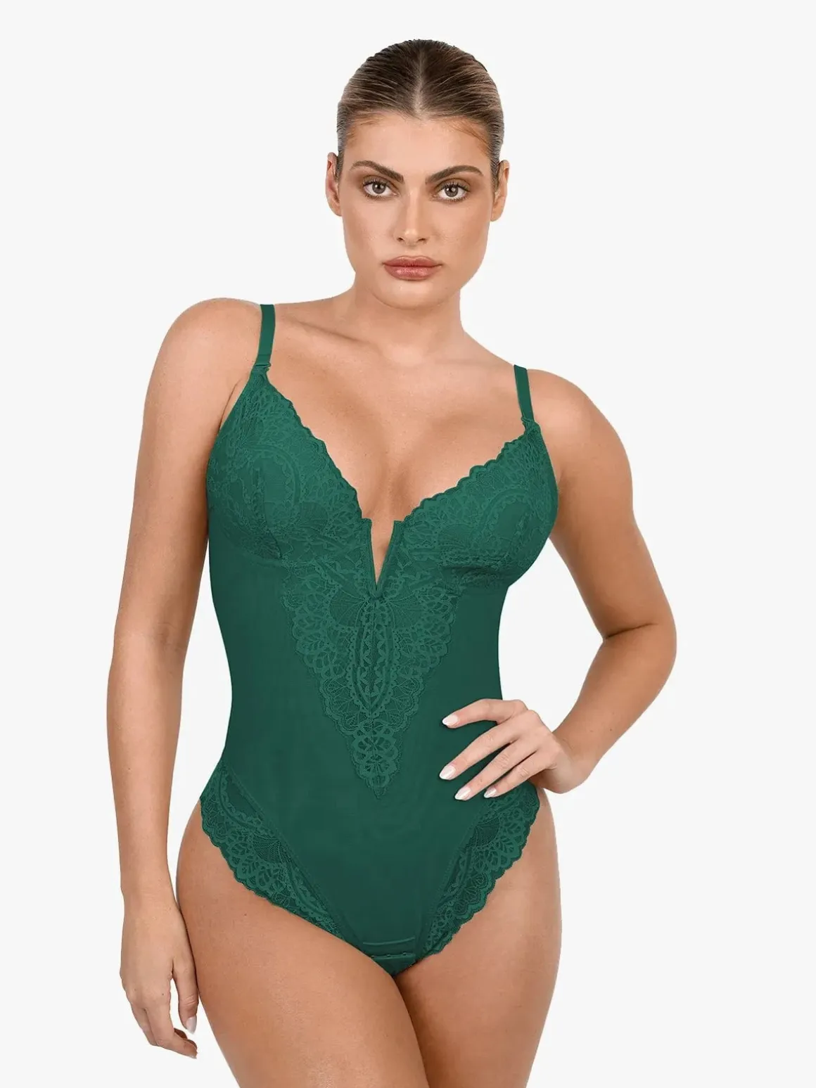 Shapewear Lace Deep V-Neck Sculpting Thong Bodysuit