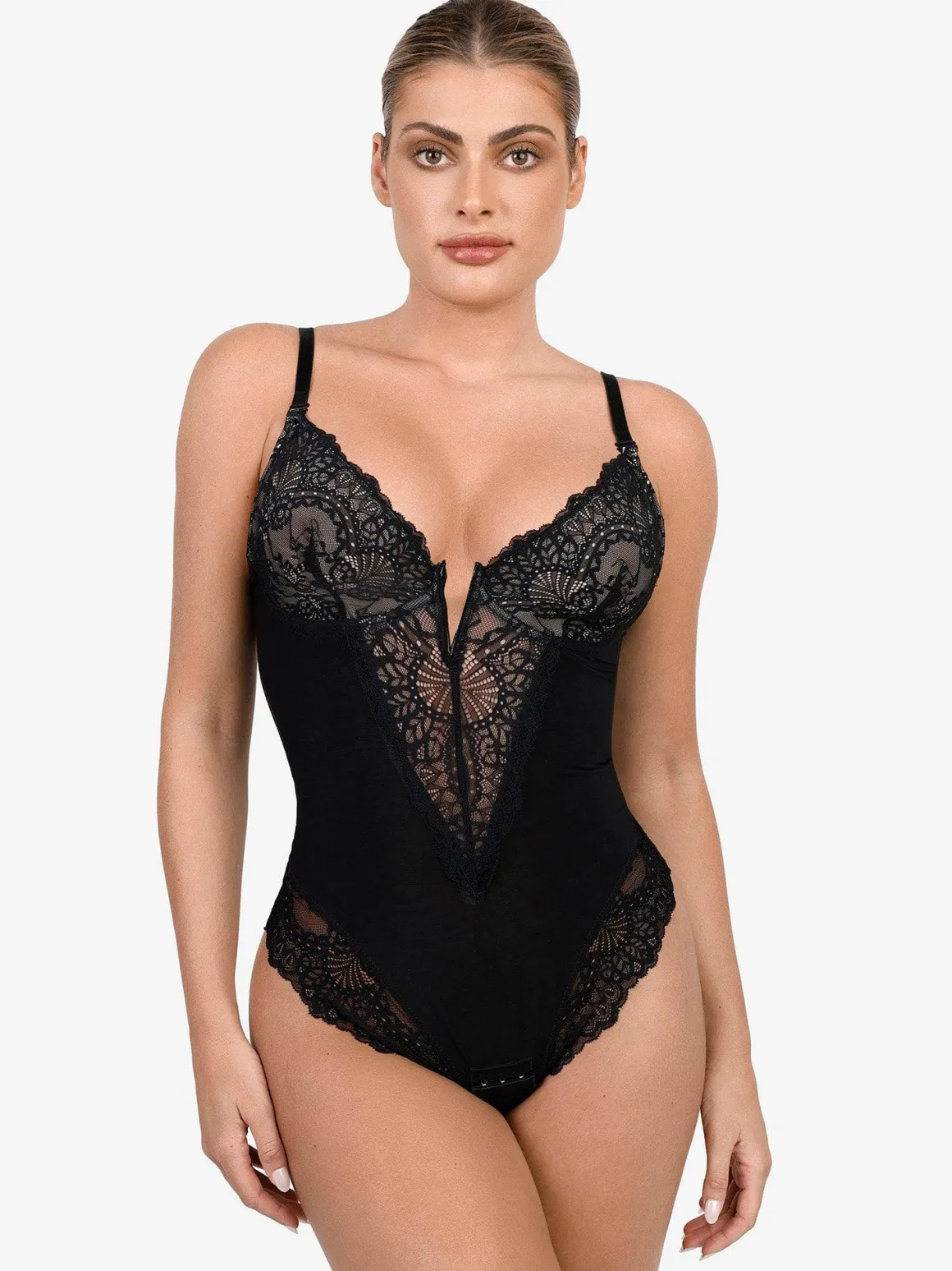 Shapewear Lace Deep V-Neck Sculpting Thong Bodysuit