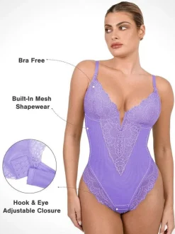 Shapewear Lace Deep V-Neck Sculpting Thong Bodysuit