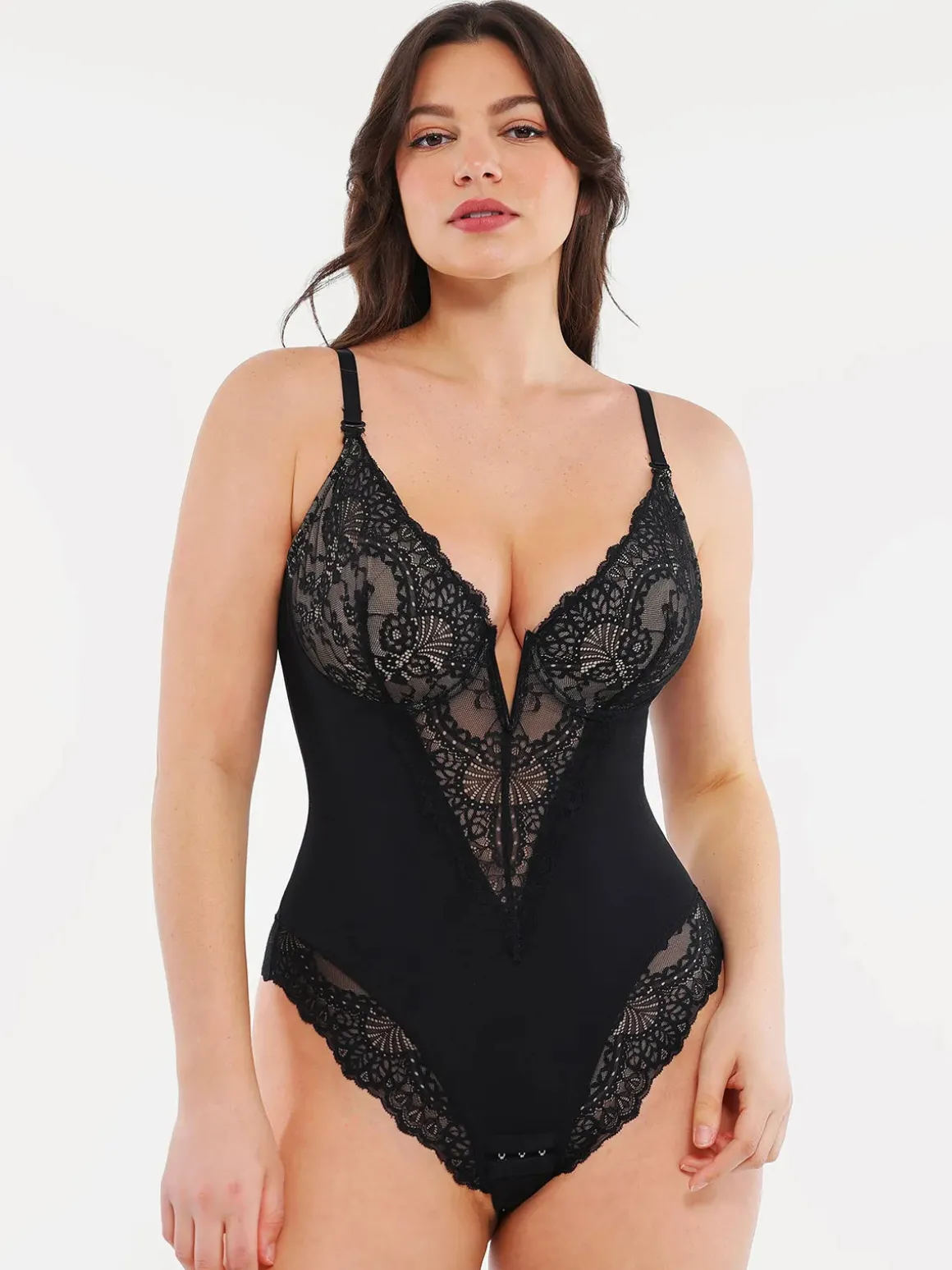 Shapewear Lace Deep V-Neck Sculpting Thong Bodysuit