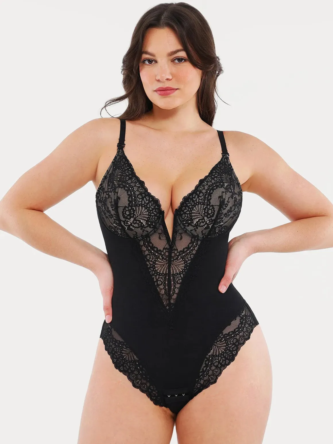 Shapewear Lace Deep V-Neck Sculpting Thong Bodysuit