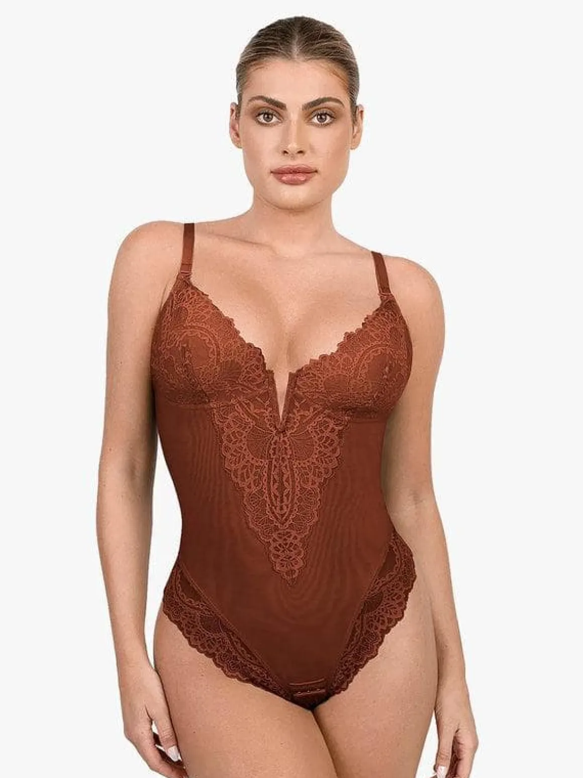 Shapewear Lace Deep V-Neck Sculpting Thong Bodysuit