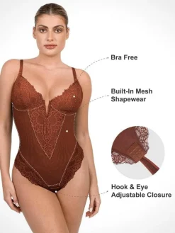 Shapewear Lace Deep V-Neck Sculpting Thong Bodysuit