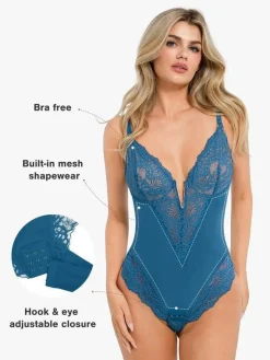 Shapewear Lace Deep V-Neck Sculpting Thong Bodysuit
