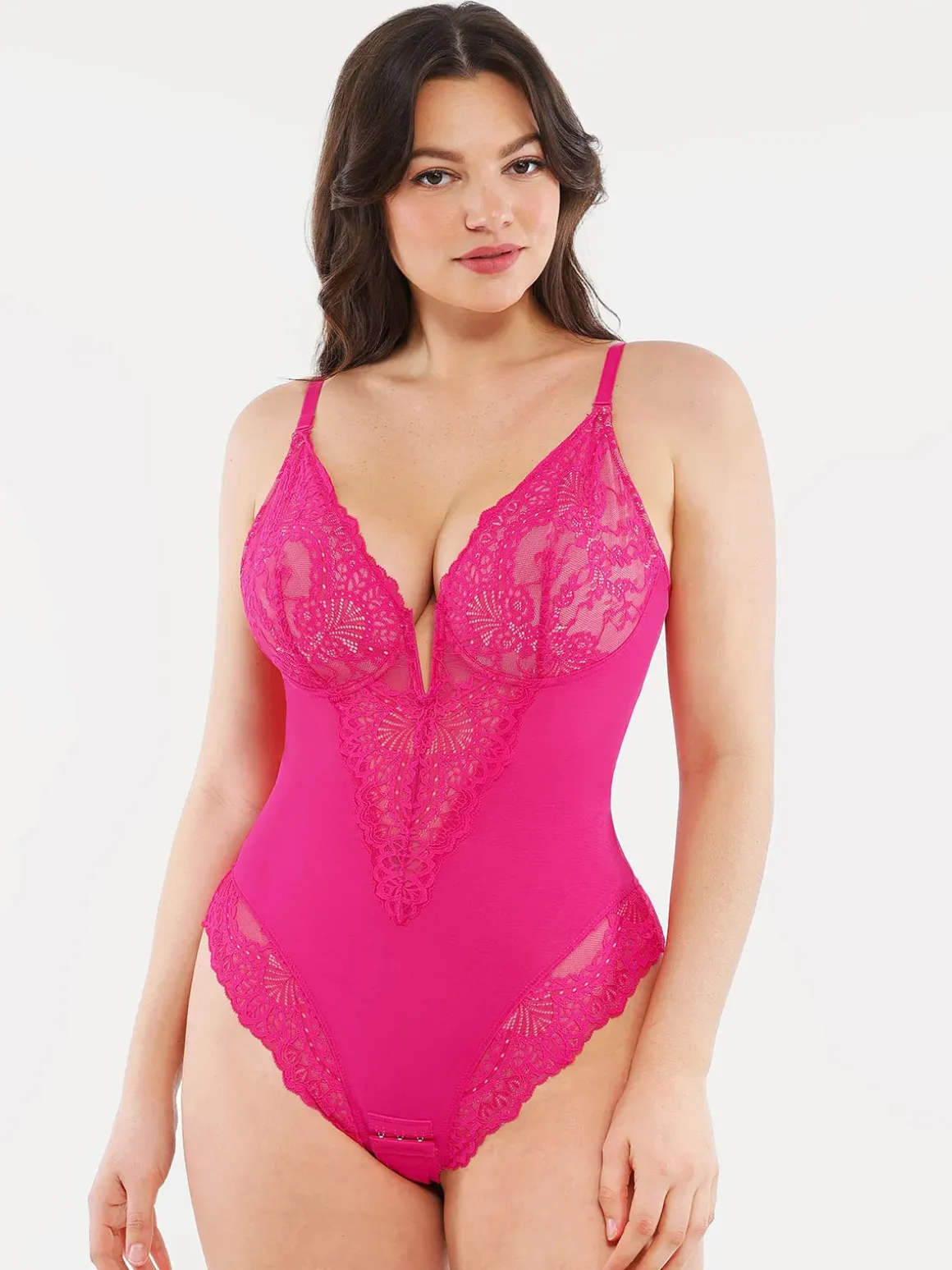 Shapewear Lace Deep V-Neck Sculpting Thong Bodysuit