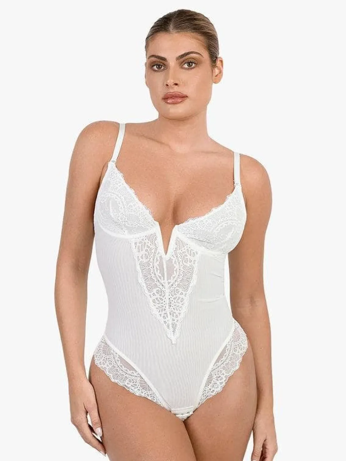 Shapewear Lace Deep V-Neck Sculpting Thong Bodysuit