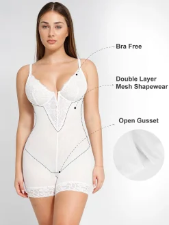 Shapewear Lace Deep V-Neck Sculpting Mid-Thigh Bodysuit